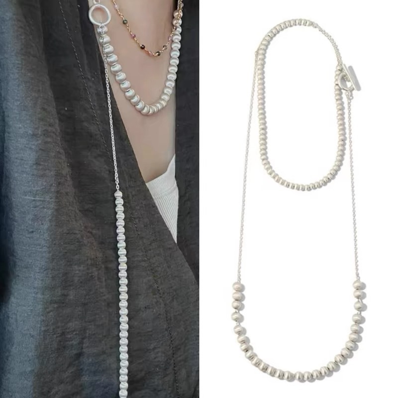 秋冬時尚復古拉絲銅球拼接項鍊高級感輕奢長款疊戴簡約小眾毛衣鏈