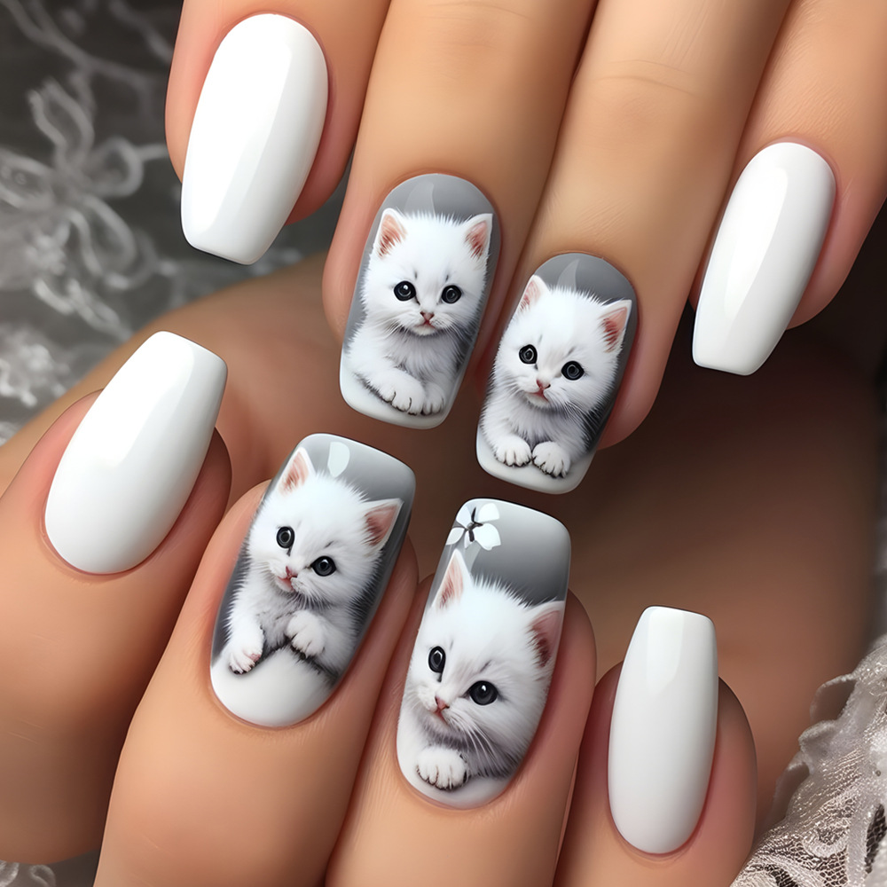 Gato lindo usando manicure comercio exterior ventas calientes nuevo parche de uñas de ballet largo manicure