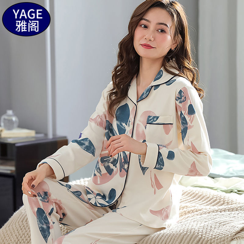 Pijamas de algodón puro Primavera y otoño de las mujeres de manga larga más tamaño cardigan traje de mediana edad y ancianos madre pijamas Otoño e Invierno