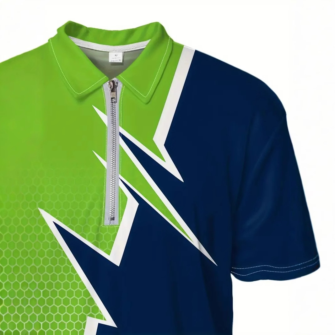 2024 venta caliente verano hombres deportes suelta transpirable manga corta cremallera POLO camisa geométrica contraste color impresión 3D