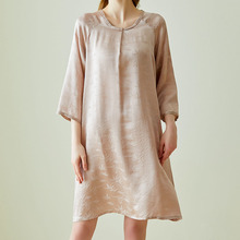 新中式真丝睡裙 七分袖圆领居家连衣裙宽松100桑蚕丝提花睡衣裙夏