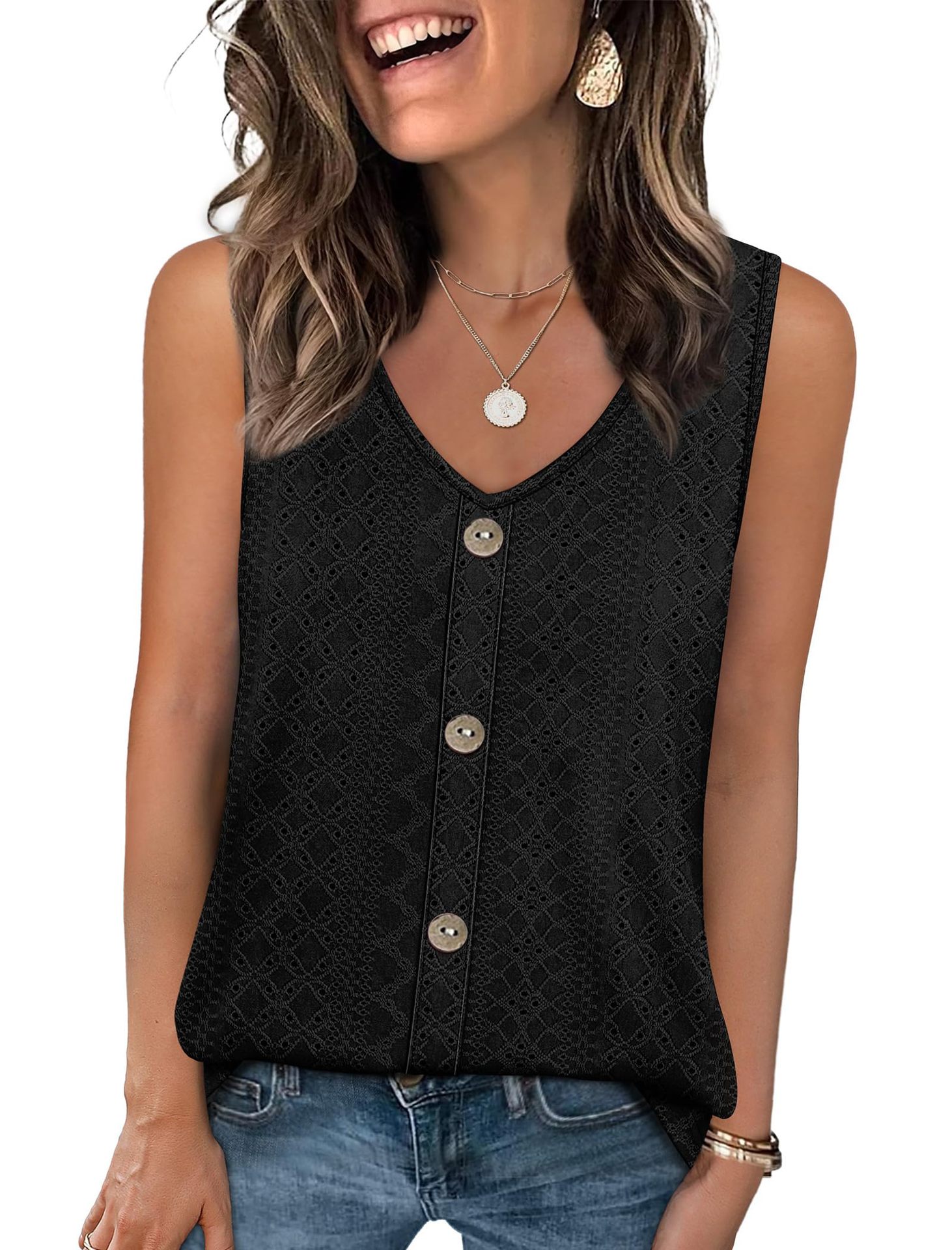 Women's Loose Casual Top V Neck Sleeveless Vest Eyelets American Summer New_ecoleips.com