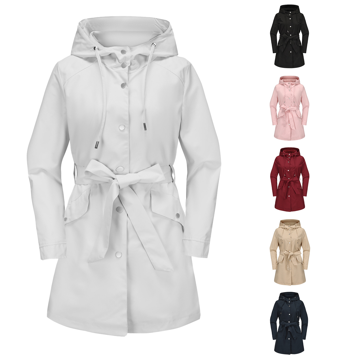 Women's Clothing Spring and Autumn Hooded Water Repellent Jacket with Belt Thin Casual Loose Windbreaker _voghion.com