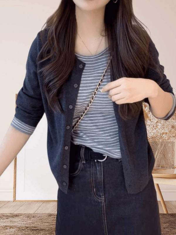 假两件针织衫新款秋季女韩版妈妈装撞色条纹设计感百搭长袖上衣女|undefined