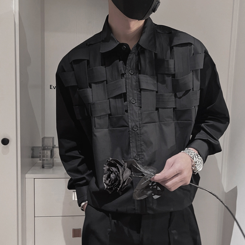 Trendy brand spring solid color woven designer shirt Korean style loose long sleeve shirt personality trendy men loose handsome