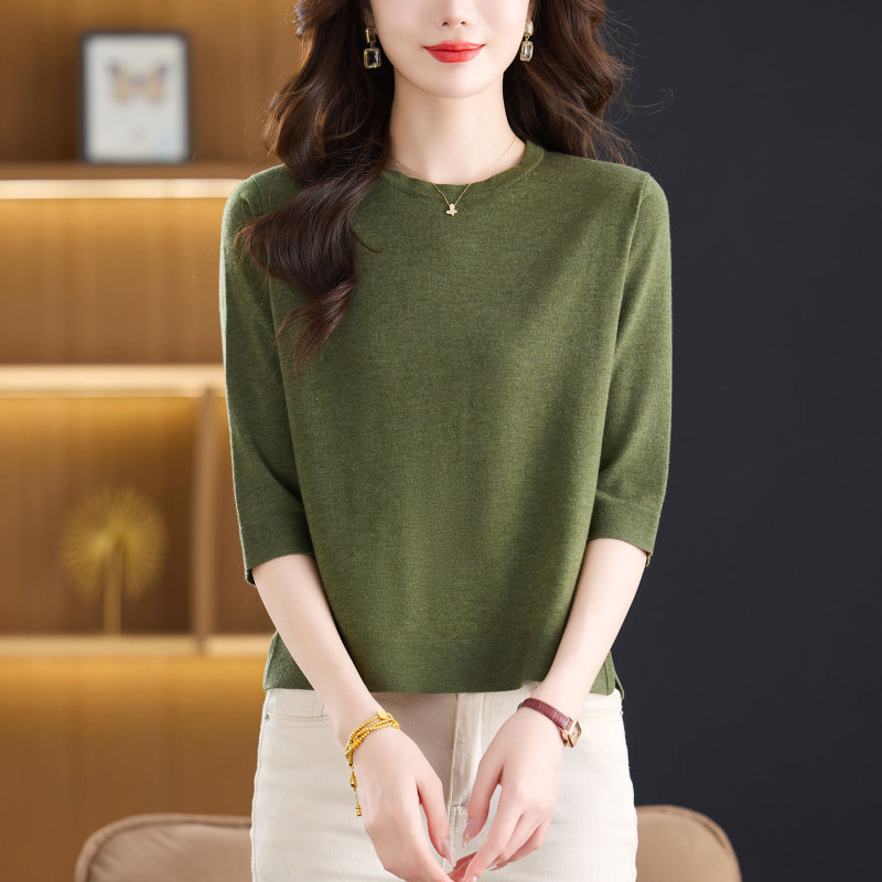 【Direct from Manufacturer】Round Neck Solid Color Three-Quarter Sleeve Fashionable Tencel T-Shirt for Women, Autumn Versatile Simple Knit Top Trendy