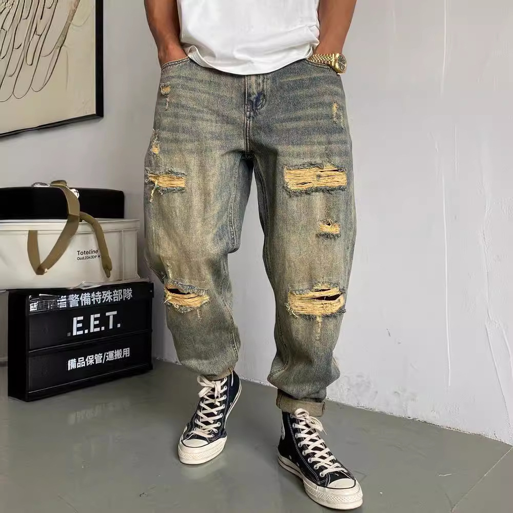 American Style Casual Puppies Handsome Retro Ripped Patch Jeans Men's Straight Loose Trendy Brand High Street Beggar Tapered Pants