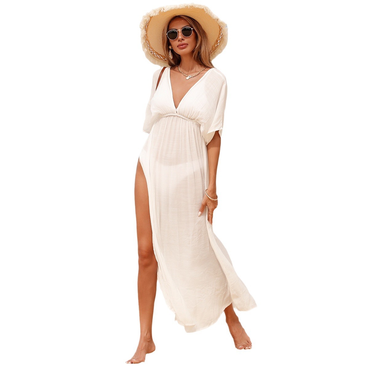Falda en V profunda de Amazon Beach Vestido transpirable suelto de color sólido transfronterizo Chaqueta de protección solar de vacaciones Falda de vacaciones image 7