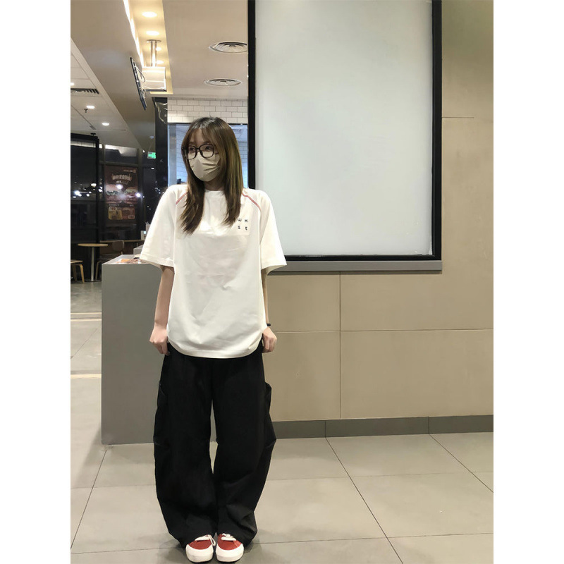 アメリカのトレンディなブランドレタープリント純綿半袖Tシャツ女性用2025年夏新作ゆったり学生半袖ニッチトップ|undefined