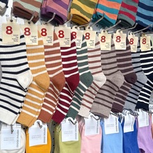 韩国进口袜子女2837 秋冬新款ETNA休闲女袜 拼色条纹运动中筒袜女