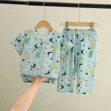 夏天小男孩薄款家居服套装夏季儿童棉绸睡衣男女宝宝短袖长裤绵绸