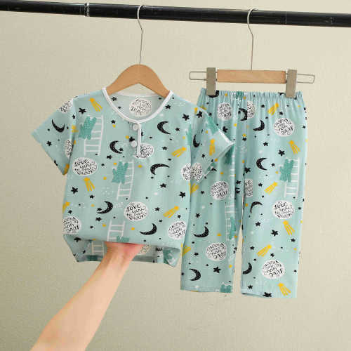 Summer boy's thin home wear suit summer children's cotton silk pajamas for men and women's baby short-sleeved trousers and cotton silk