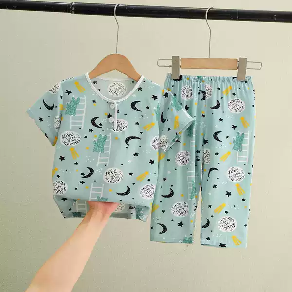 Summer Little Boy's Thin Home Clothes suit Summer Children's Cotton Silk Pajamas Men's and Women's Babies' Short-sleeved Trousers Cotton Silk