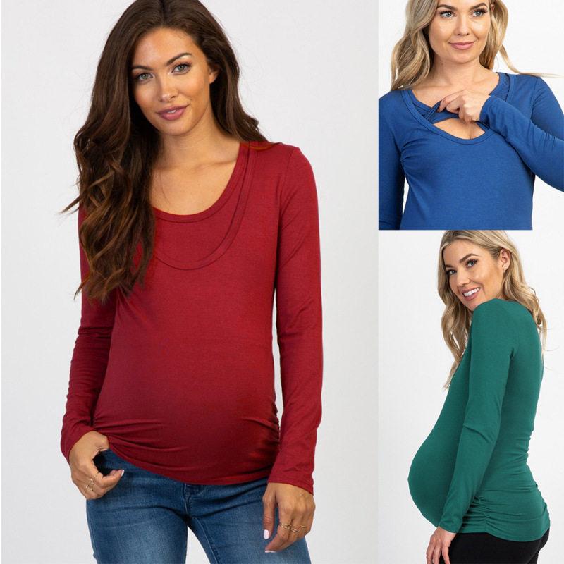 2024 Cross-Border Foreign Trade Hot-Selling European and American Maternity Wear Solid Color Long-Sleeved T-Shirt High-Low Double Round Neck Invisible Nursing Top 2024 Cross-Border Foreign Trade Hot-Selling European and American Maternity Wear Solid Color Long-Sleeved T-Shirt High-Low Double Round Neck Invisible Nursing Top