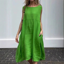 跨境外贸2025夏季新款宽松休闲纯色拼接无袖棉麻连衣裙