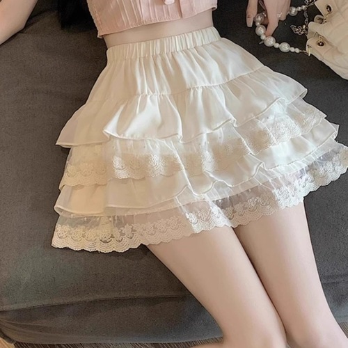 White lace cake dress skirt half skirt for women summer high-waist slimming petite A-line skirt princess bubble dress