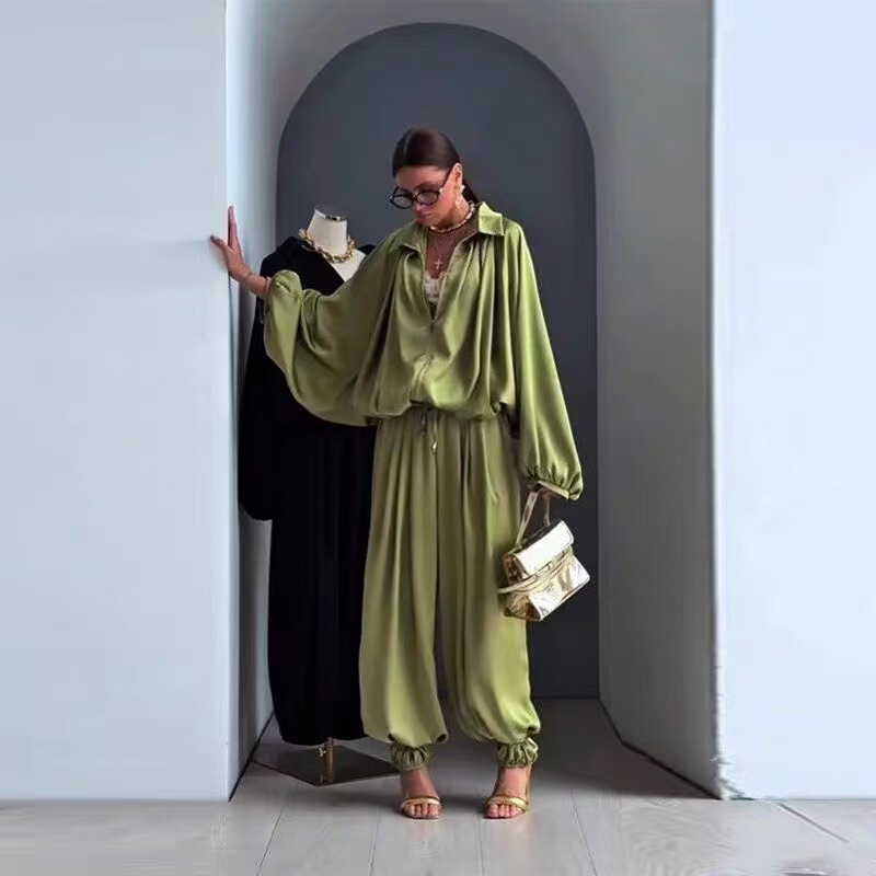 2026 Autumn Ins Style Maillard Style Lazy Style Satin Puff Sleeve Bomber Jacket and Lantern Pants Set