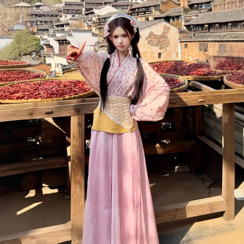 Pink pastoral-style Hanfu for women, tea-picking girl Wuyuan outfit, ancient style, ethereal cross-collar costume, farmer's style, 2026 new model Pink pastoral-style Hanfu for women, tea-picking girl Wuyuan outfit, ancient style, ethereal cross-collar costume, farmer's style, 2026 new model