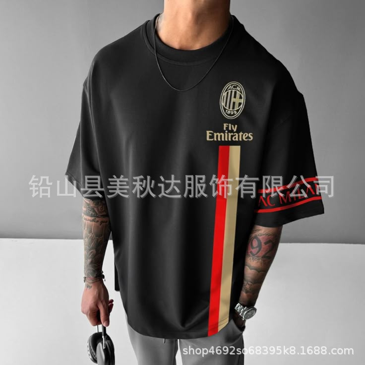 跨境外贸批发新款巴黎曼联印花宽松球衣男士休闲运动短袖t恤