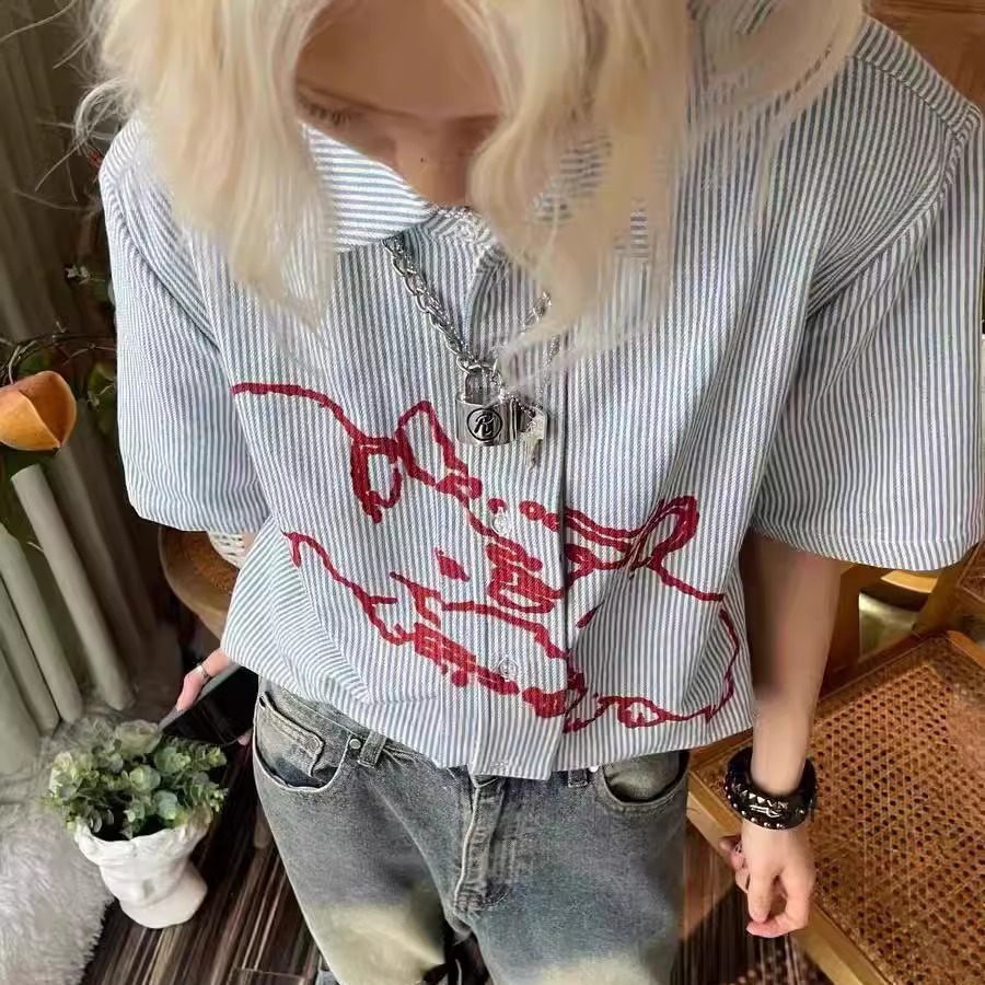 American-Style Short-Sleeved Shirt for Men, New Summer Style, Dachshund Striped Shirt Jacket, Niche Design Couple Tops