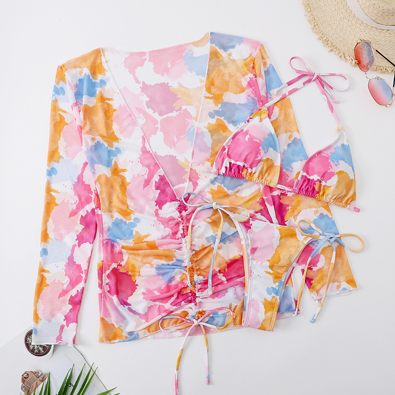 151g Weight Sleeveless Sleeve Length Polyester Fabric Type 3 Pieces Set Quantity Swimming Pool, Beach Occasion Strap Neckline Skinny Fit Type Color Block, Stripe, Leopard Pattern Women's Gender Sexy, Beach Style Women's Sexy Beach Color Block Stripe Leopard 3 Pieces Set Bikinis Swimwear 17