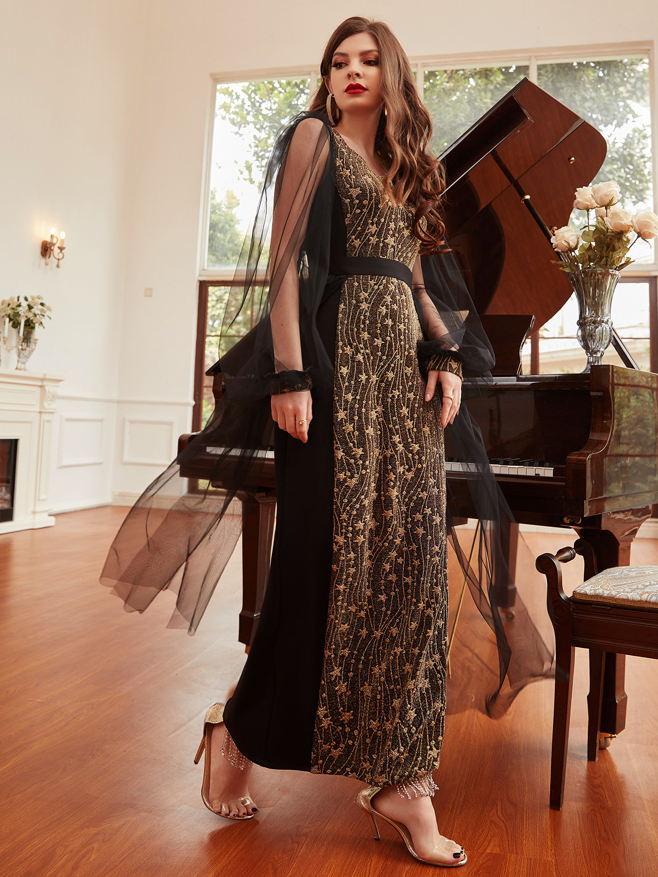 High elastic gold jacquard knitted mesh sleeves design dress long skirt party dress_autovado.com