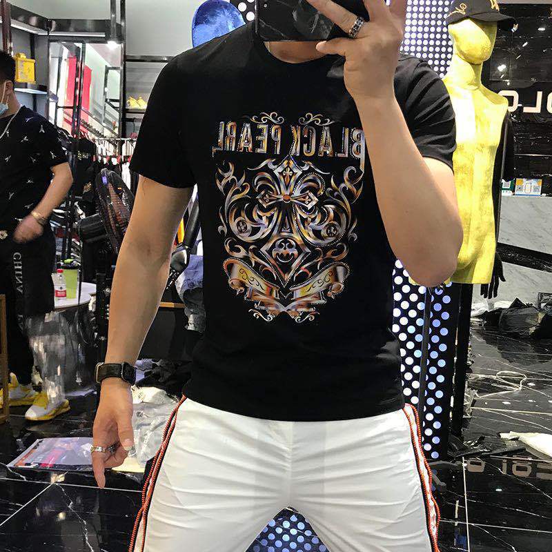 T-shirt court d'été en coton et soie, haut à manches mi-longues avec broderie de diamants tendance, fourre-tout pour hommes, grande taille ins_voghion.com