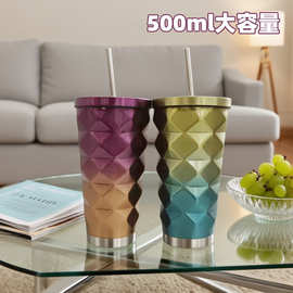 新款渐变色真空吸管杯304双层不锈钢保温保冰杯不规则异形冰霸杯