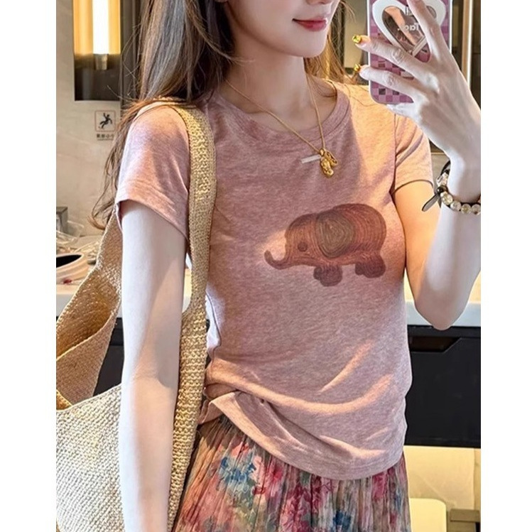 Korean Pink Elephant Print Right Shoulder Short-Sleeved T-Shirt for Women Summer Thin Small Slim Slim Short Top Korean Pink Elephant Print Right Shoulder Short-Sleeved T-Shirt for Women Summer Thin Small Slim Slim Short Top