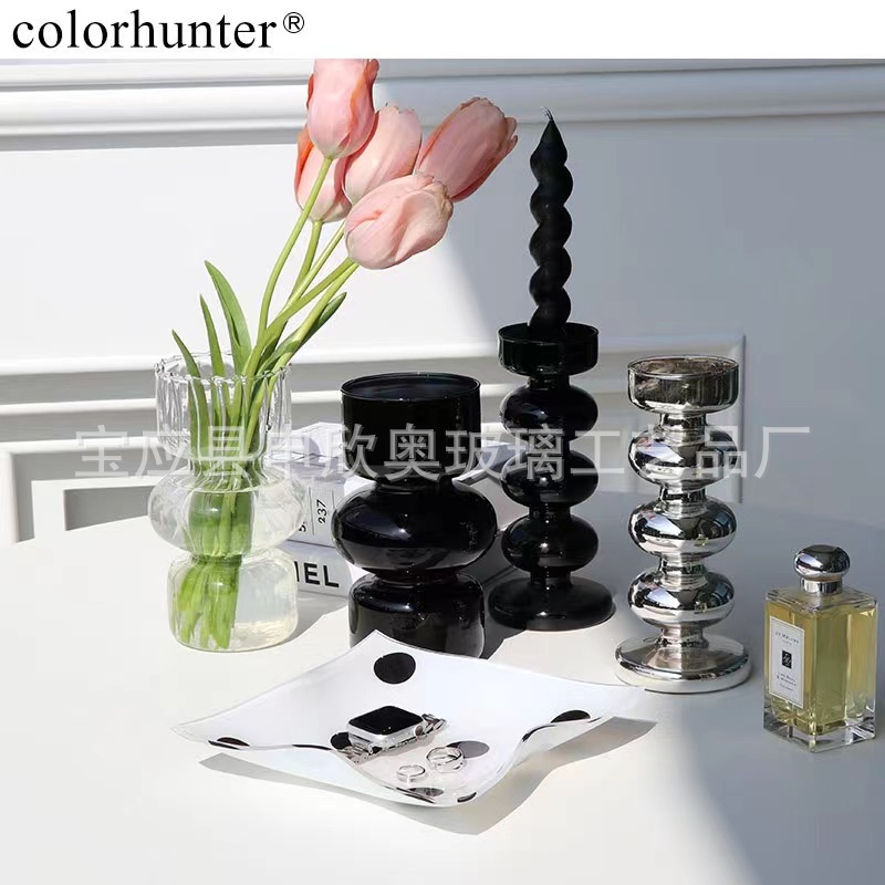 ins轻奢黑色玻璃花瓶玄关餐边柜软装摆件玻璃插花器水培植物花瓶
