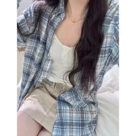 美式复古宽松蓝格子衬衫女baby单排做旧古着格纹衬衣长袖外套