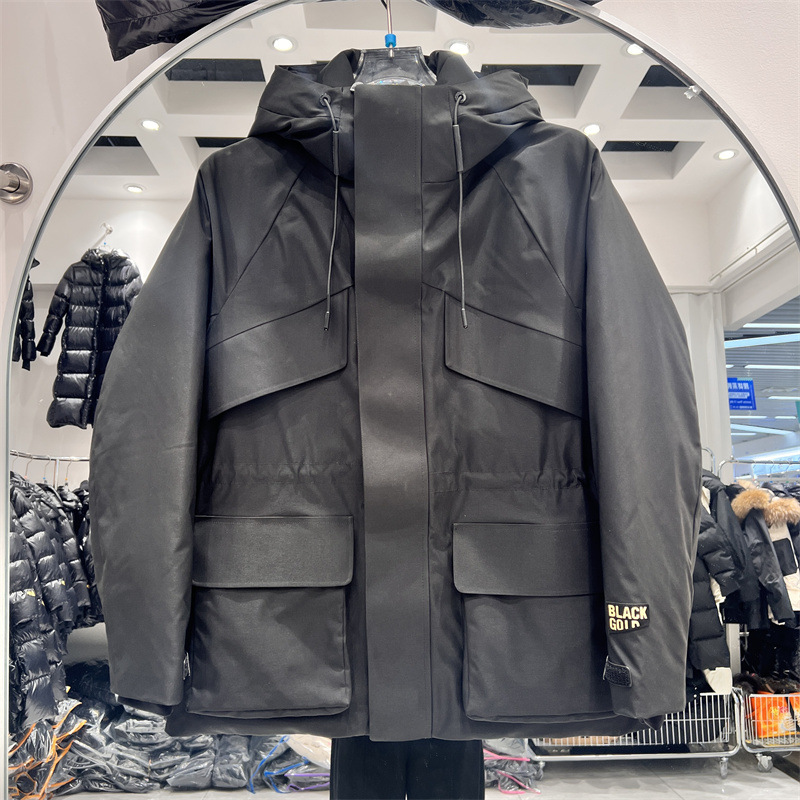 Black Gold Goose Down Shell Pike Down Jacket Women's Outdoor Tooling Slim-fit Waisted Hooded Jacket 2024 New Winter