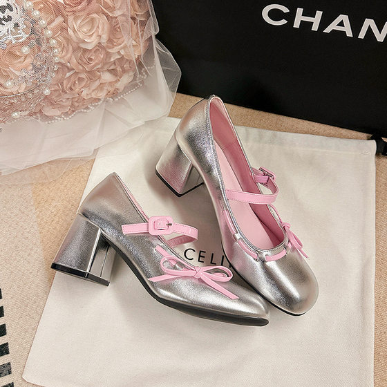 Spring new small height 6cm thick heel Mary Jane shoes women's French sweet bow high heel shoes