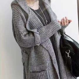 24秋冬新款女装韩版连帽腰带宽松中长款粗棒针织衫开衫毛衣外套女