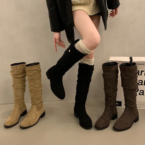 2025 Spring Women's High-Top Knight Boots, French-style Chunky Heel, Round-toe Suede Leather Boots, European & American-style Mid-Heel Boots