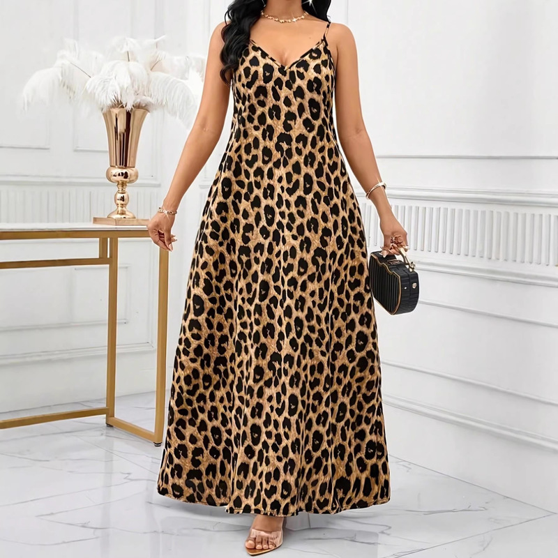 European and American Style Women's Leopard Print Long Dress with V-Neck Design, Adjustable Thin Straps, Side Seam Pockets, and Full-Length Cut