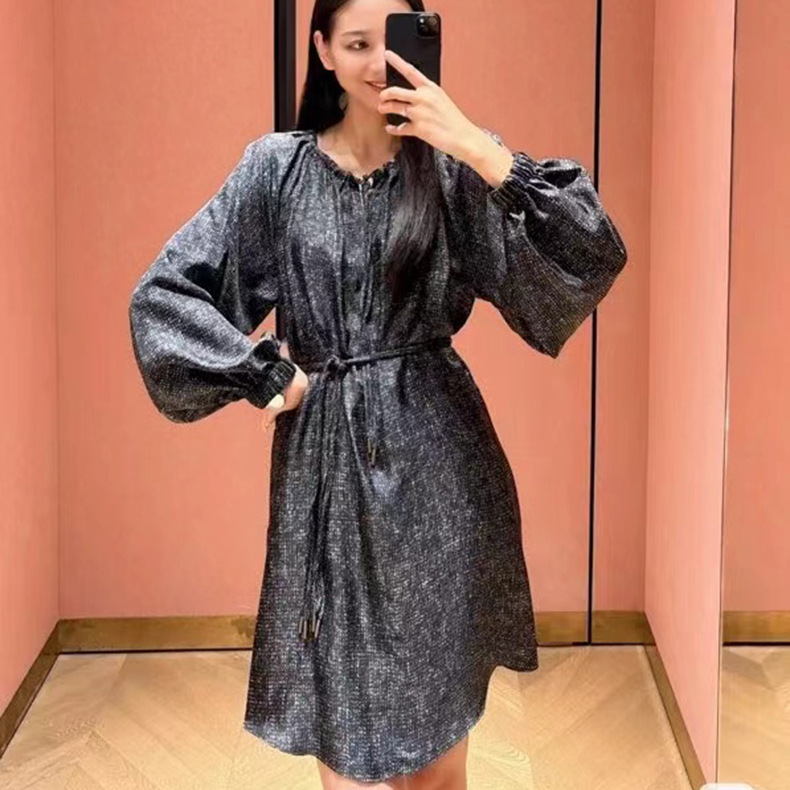 M's New V-Neck Long-Sleeved Lace-Up Elegant Slim Silk Drawstring Dress High-End Small Floral Autum