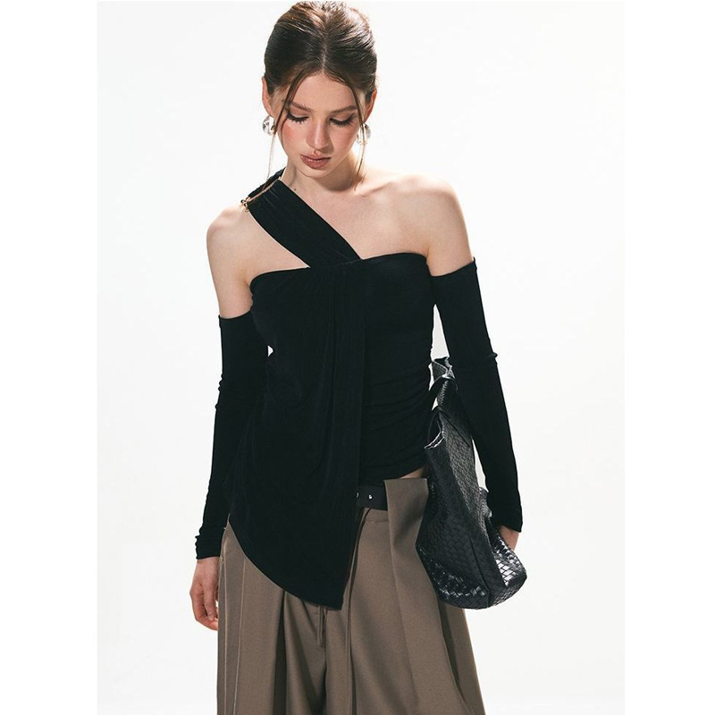 40 Pieces of 260g Customizable 1*1 American-Style Niche Korean Design Off-Shoulder Tops for Women, Winter Long-Sleeve T-Shirts 40 Pieces of 260g Customizable 1*1 American-Style Niche Korean Design Off-Shoulder Tops for Women, Winter Long-Sleeve T-Shirts