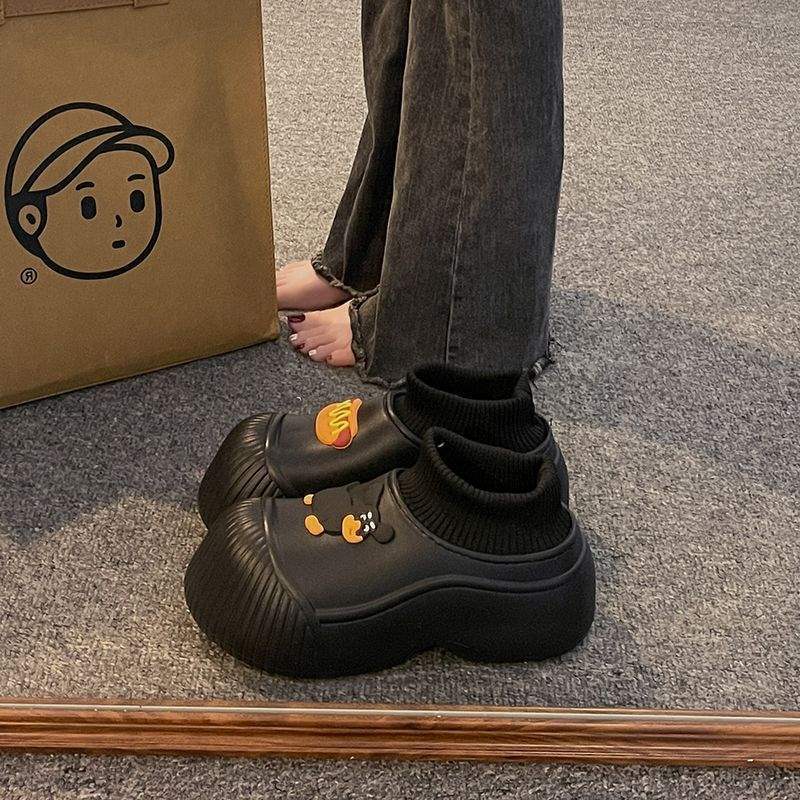 Thick-Soled Snow Boots for Women, Fleece-Lined and Thickeneded, Cute Cartoon Bag-Heeled Cotton Slippers for Women, Winter Outer Wear, Warm and Waterproof Cotton Boots