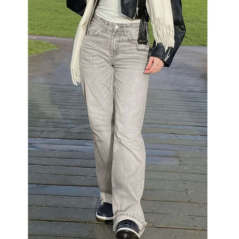 Women's Stretch Straight-Leg Jeans, Gray Washed Denim, New Basic Style Jeans for Cross-Border Sales Women's Stretch Straight-Leg Jeans, Gray Washed Denim, New Basic Style Jeans for Cross-Border Sales