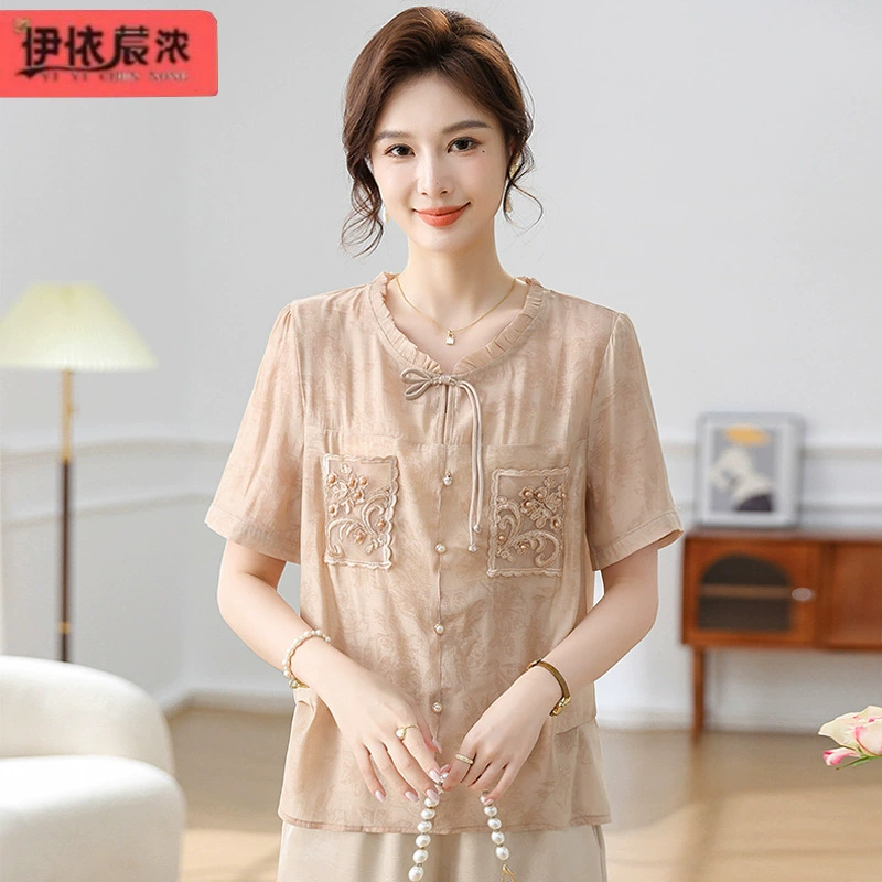 Оптовая продажа летняя мама с короткими рукавами футболка топ 2024 лето новая женская одежда среднего возраста темперамент элегантный маленький рубашка