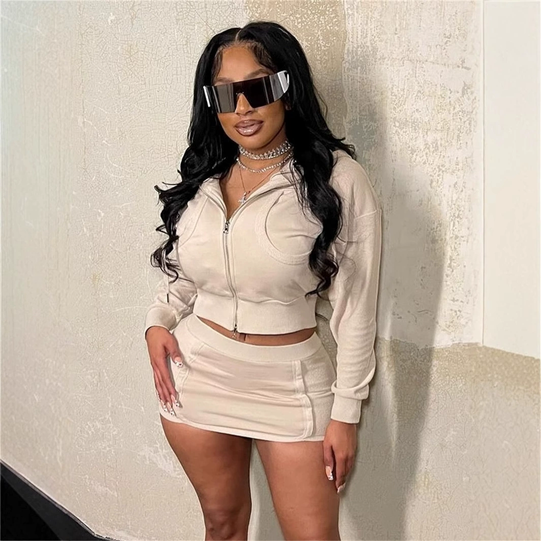 2024 осенний новый трансграничный европейский и американский тонкий тонкий цвет повседневная молния горячая девушка с длинными рукавами куртка бедра юбка набор