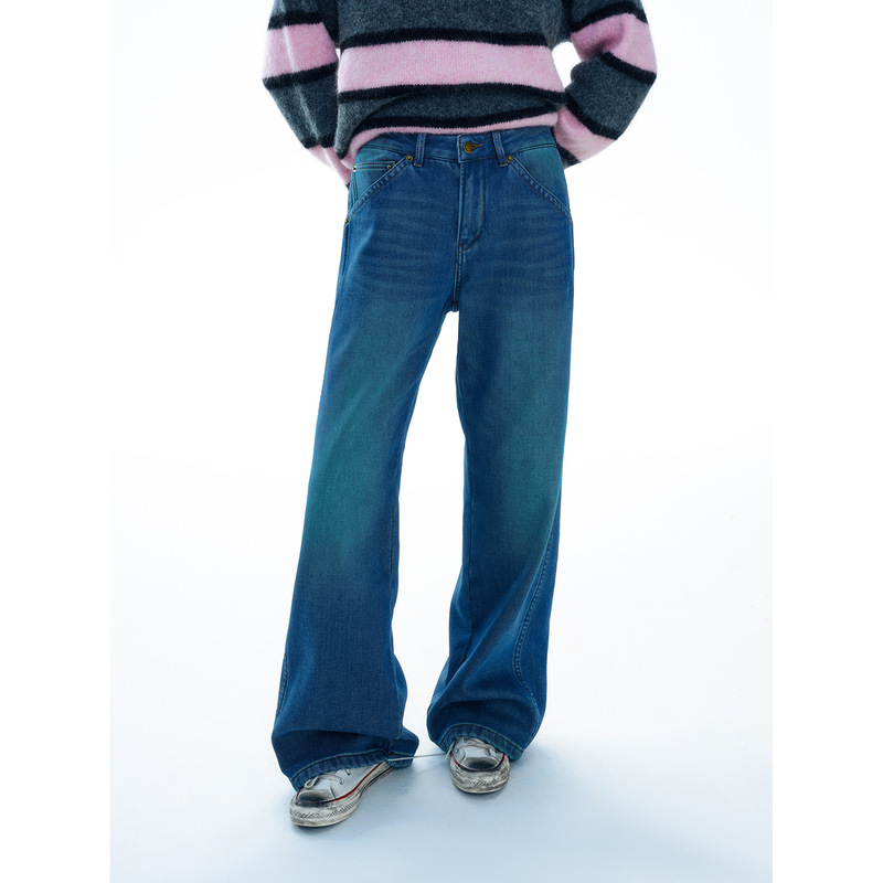 [Time] New Winter Cotton Blend Fleece-Lined Warm Mid-Low Waist Washed Blue Straight Jeans V0018