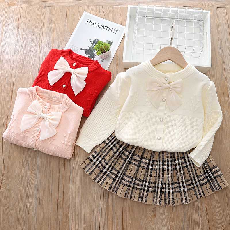 2023 neue kinder frauen Schatz Pullover Mädchen Gestrickte Bogen Rock Zwei Stück Set Modische_voghion.com