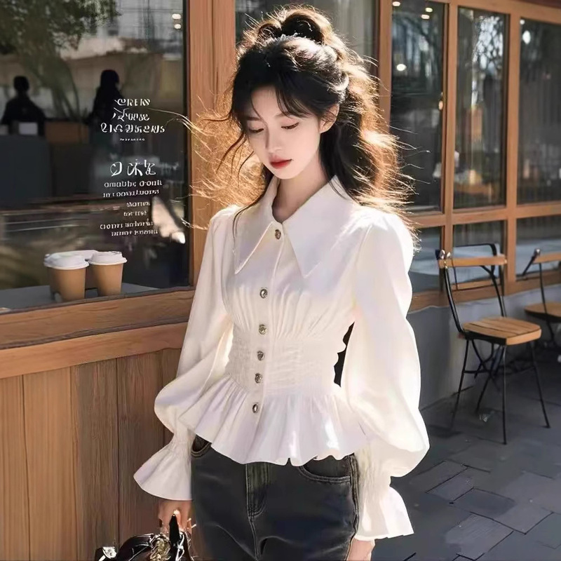 Baby Doll Collar Long-Sleeved White Shirt Women's Spring 2025 New Slim Waist Chiffon Top Lantern Sleeve Shirt