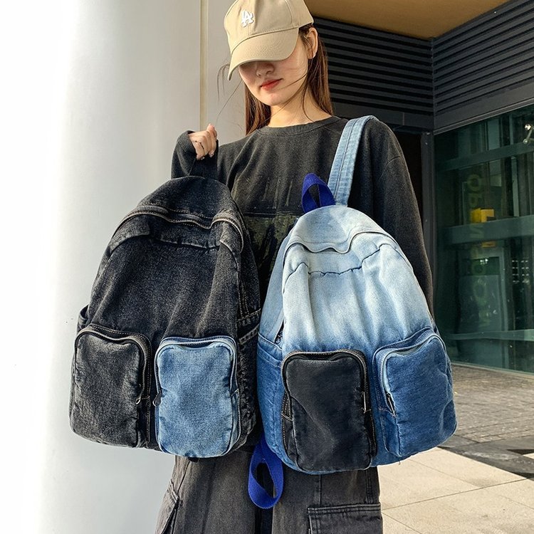 牛仔布百搭双肩包包女生初中高中学生上课书包大容量电脑背包男潮