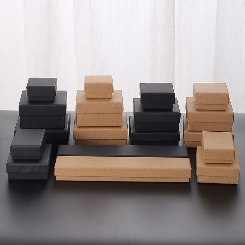 Ready Stock Wholesale Kraft Paper Jewelry Packaging Box Black Clamshell Paper Box Ring Necklace Jewelry Box Customization