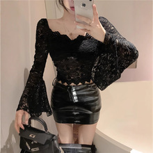 独特别致甜辣妹方领喇叭袖上衣设计感收腰带胸垫打底衫女内搭黑色