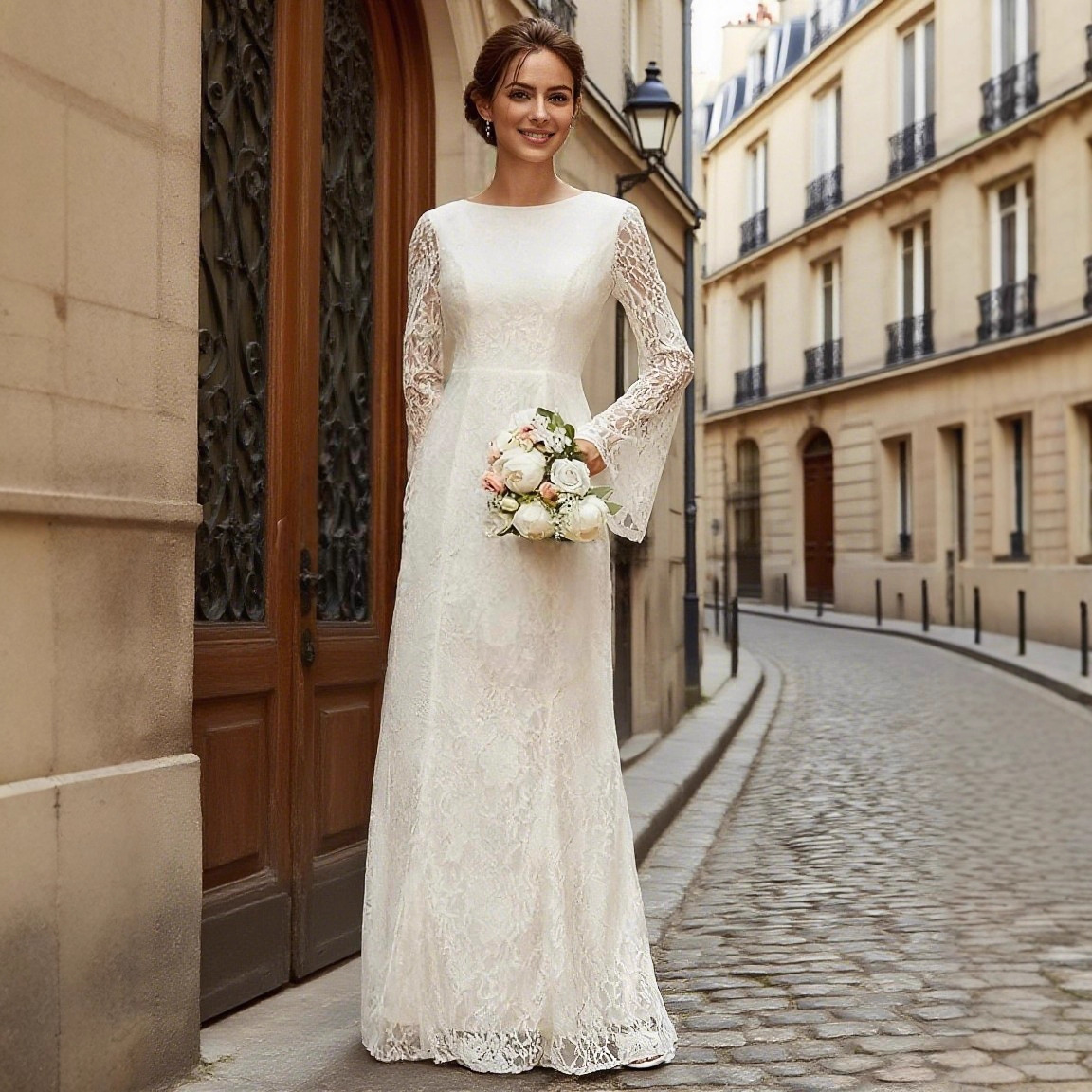 New Lace Wedding Dress Amazon Popular French Dress Fishtail Long-Sleeved Wedding Dress Backless Cross-Border Foreign Trade High-End
