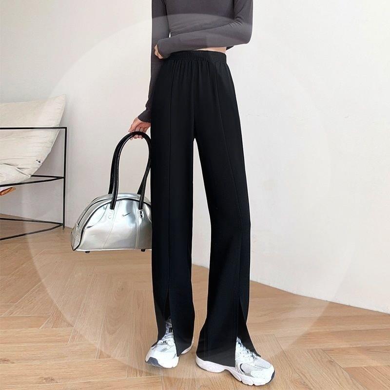 Plus-size women's clothing, 200-pound plus-size wide-leg trousers with slits, loose black high-waisted, flowing straight-leg trousers that reach the floor.
